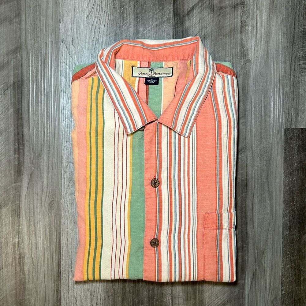 Tommy Bahama Silk Striped Short Sleeve Button Down - Large